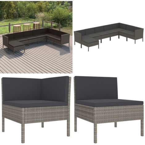 Set de muebles de jardín 8 pzas y cojines ratán sintético gris - Muebles de jardín - Tumbonas de jardín