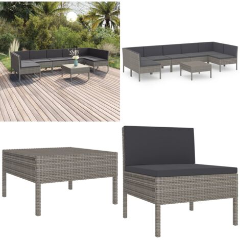 Set de muebles de jardín 8 pzas y cojines ratán sintético gris - Muebles de jardín - Tumbonas de jardín