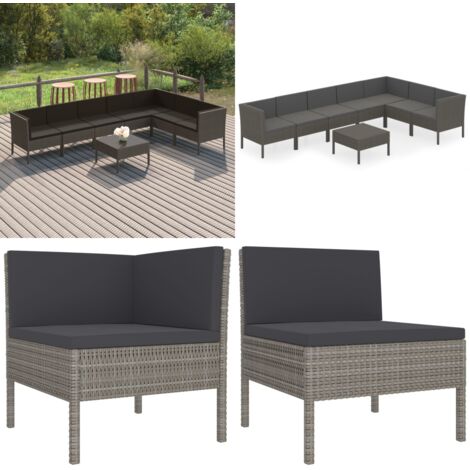 Set de muebles de jardín 8 pzas y cojines ratán sintético gris - Salón de jardín - Tumbonas