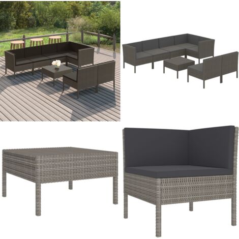 Set de muebles de jardín 8 pzas y cojines ratán sintético gris - Salón de jardín - Tumbonas