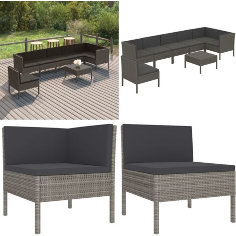 Set de muebles de jardín 8 pzas y cojines ratán sintético gris - Salón de jardín - Tumbonas