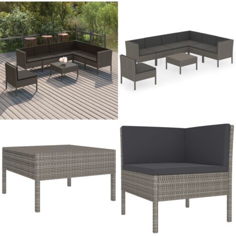 Set de muebles de jardín 8 pzas y cojines ratán sintético gris - Salón de jardín - Tumbonas