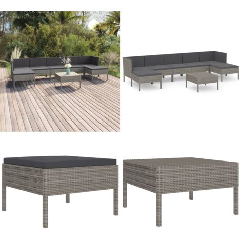 Set de muebles de jardín 8 pzas y cojines ratán sintético gris - Tumbonas - Cojines sintéticos