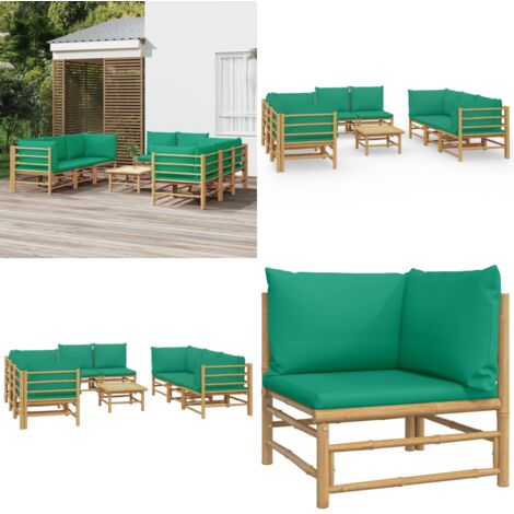 Set de muebles de jardín 9 piezas bambú con cojines verde - Muebles de exterior - Sofás de jardín