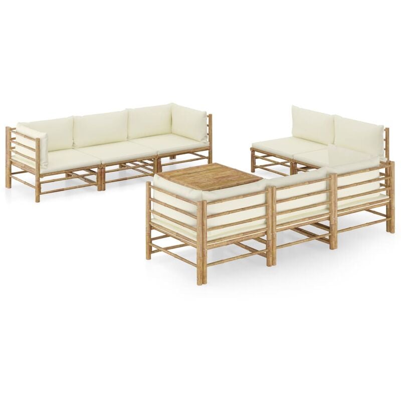 

Set de muebles de jardín 9 piezas bambú y cojines blanco crema