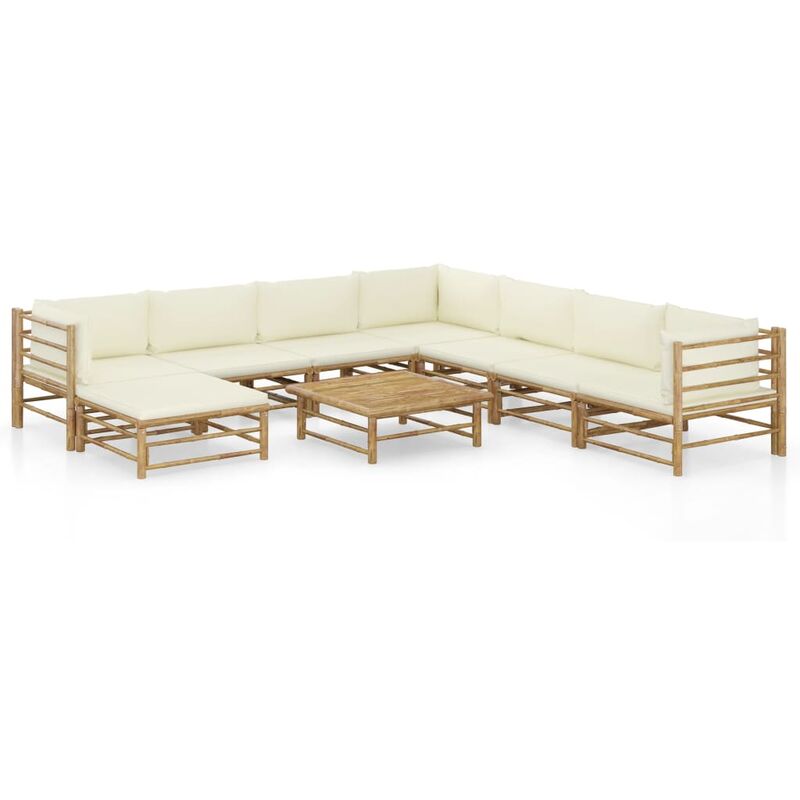 

Set de muebles de jardín 9 piezas bambú y cojines blanco crema