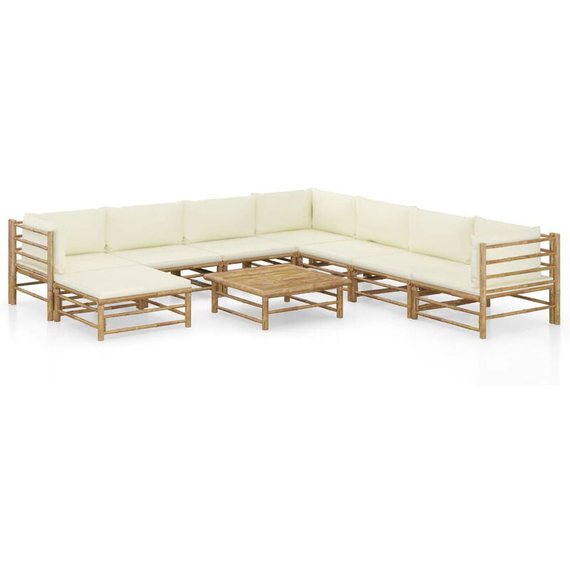 

Set de muebles de jardin 9 piezas bambu y cojines blanco crema