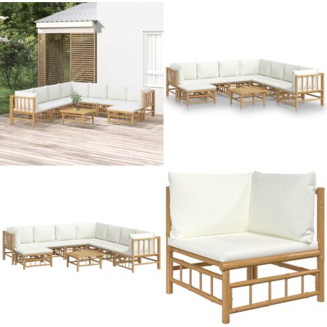Set de muebles de jardín 9 piezas bambú y cojines blanco crema - Muebles de exterior - Sofás de jardín