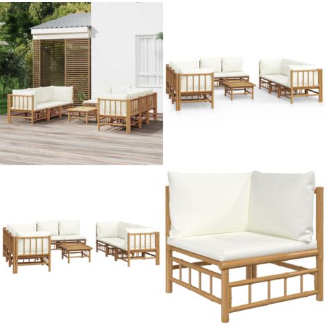 Set de muebles de jardín 9 piezas bambú y cojines blanco crema - Muebles de exterior - Sofás de jardín