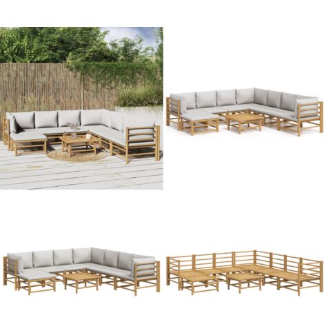 Set de muebles de jardín 9 piezas bambú y cojines gris claro - Muebles de exterior - Sofás de jardín