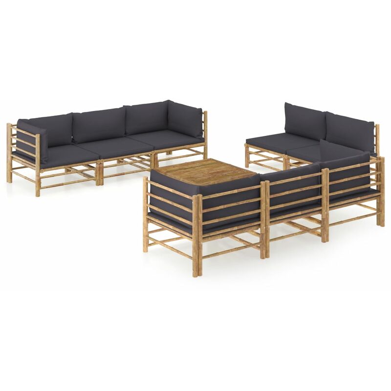 

Set de muebles de jardín 9 piezas bambú y cojines gris oscuro