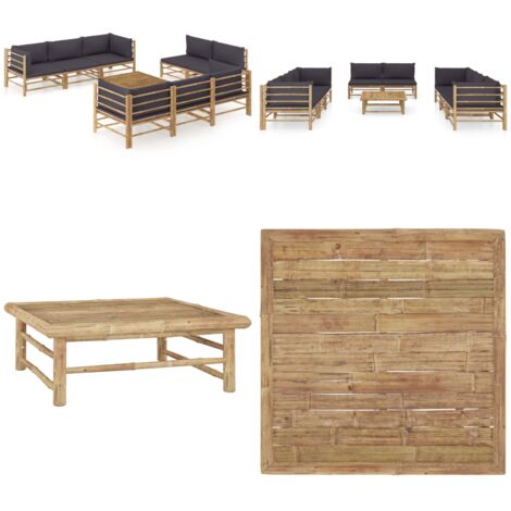 Set de muebles de jardín 9 piezas bambú y cojines gris oscuro - Cojines de jardín - Muebles de exterior