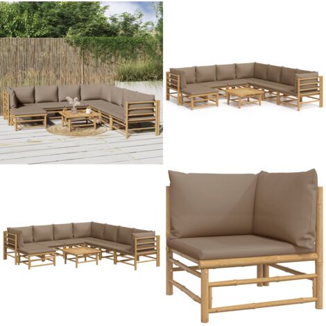 Set de muebles de jardín 9 piezas bambú y cojines gris taupé - Muebles de exterior - Sofás de jardín