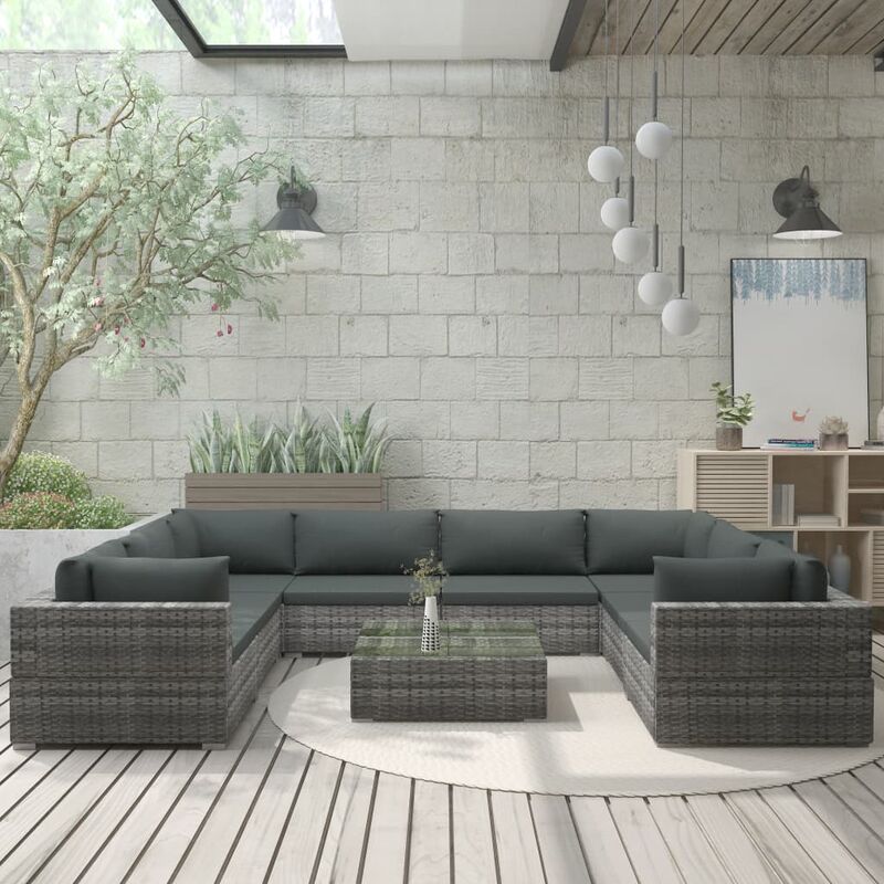 

Set de muebles de jardín 9 pzas y cojines ratán sintético gris