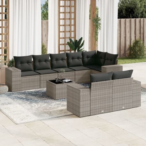 Set de muebles de jardín 9 pzas y cojines ratán sintético gris