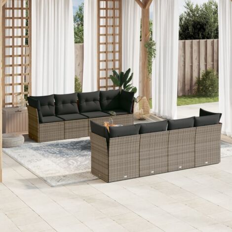 Set de muebles de jardín 9 pzas y cojines ratán sintético gris