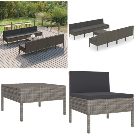 Set de muebles de jardín 9 pzas y cojines ratán sintético gris - Muebles de jardín - Tumbonas