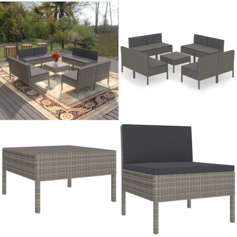 Set de muebles de jardín 9 pzas y cojines ratán sintético gris - Muebles de jardín - Tumbonas