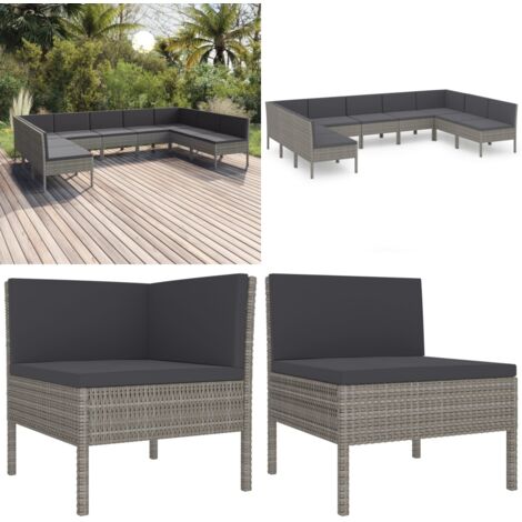 Set de muebles de jardín 9 pzas y cojines ratán sintético gris - Muebles de jardín - Tumbonas de jardín