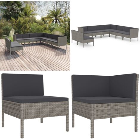 Set de muebles de jardín 9 pzas y cojines ratán sintético gris - Muebles de jardín - Tumbonas de jardín