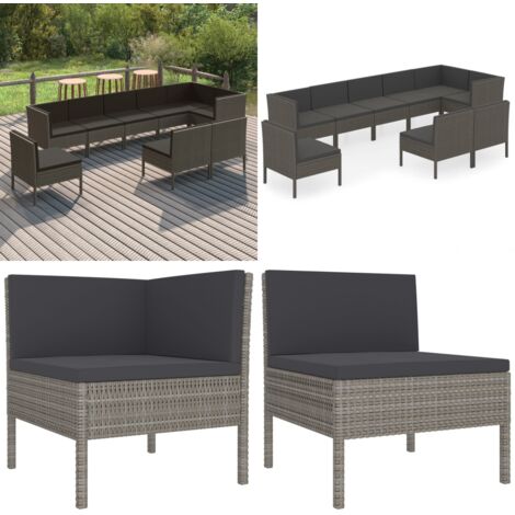 Set de muebles de jardín 9 pzas y cojines ratán sintético gris - Muebles de jardín - Tumbonas de jardín