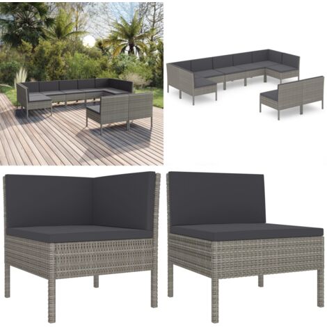 Set de muebles de jardín 9 pzas y cojines ratán sintético gris - Muebles de jardín - Tumbonas de jardín