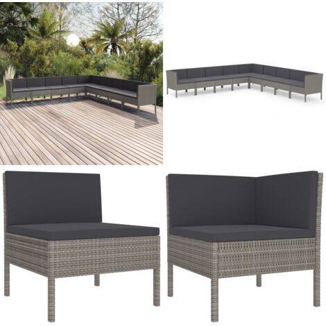 Set de muebles de jardín 9 pzas y cojines ratán sintético gris - Muebles de jardín - Tumbonas de jardín