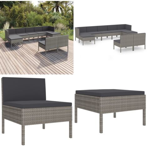 Set de muebles de jardín 9 pzas y cojines ratán sintético gris - Salón de jardín - Tumbonas