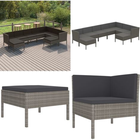Set de muebles de jardín 9 pzas y cojines ratán sintético gris - Tumbonas - Cojines sintéticos