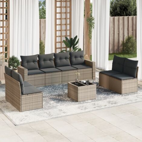 Set de muebles de jardín 9 pzas y cojines ratán sintético gris vidaXL