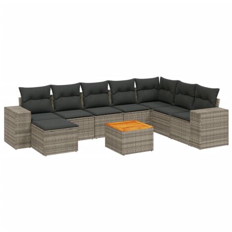 Set de muebles de jardín 9 pzas y cojines ratán sintético gris vidaXL