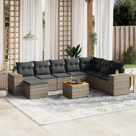 Set de muebles de jardín 9 pzas y cojines ratán sintético gris vidaXL