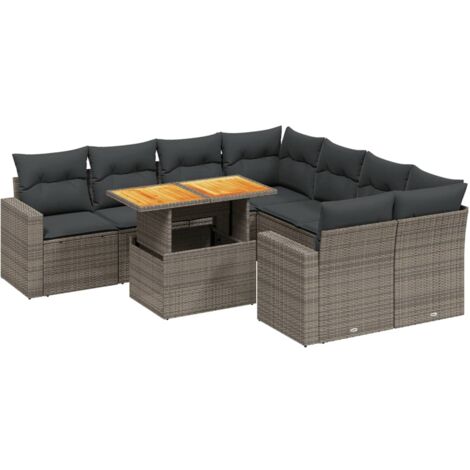 Set de muebles de jardín 9 pzas y cojines ratán sintético gris vidaXL