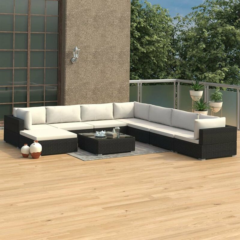 

Happyshopping - Set de muebles de jardin 9 pzas y cojines ratan sintetico negro