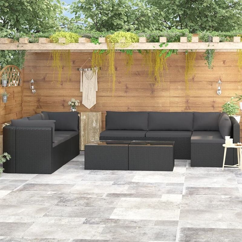 

Set de muebles de jardín 9 pzas y cojines ratán sintético negro