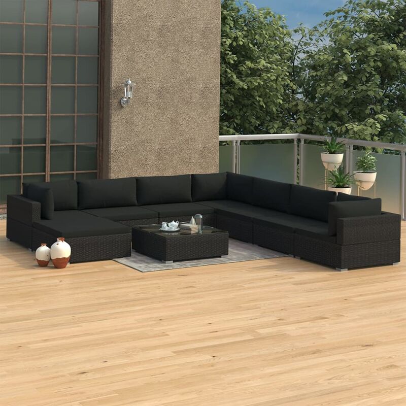 

Set de muebles de jardin 9 pzas y cojines ratan sintetico negro