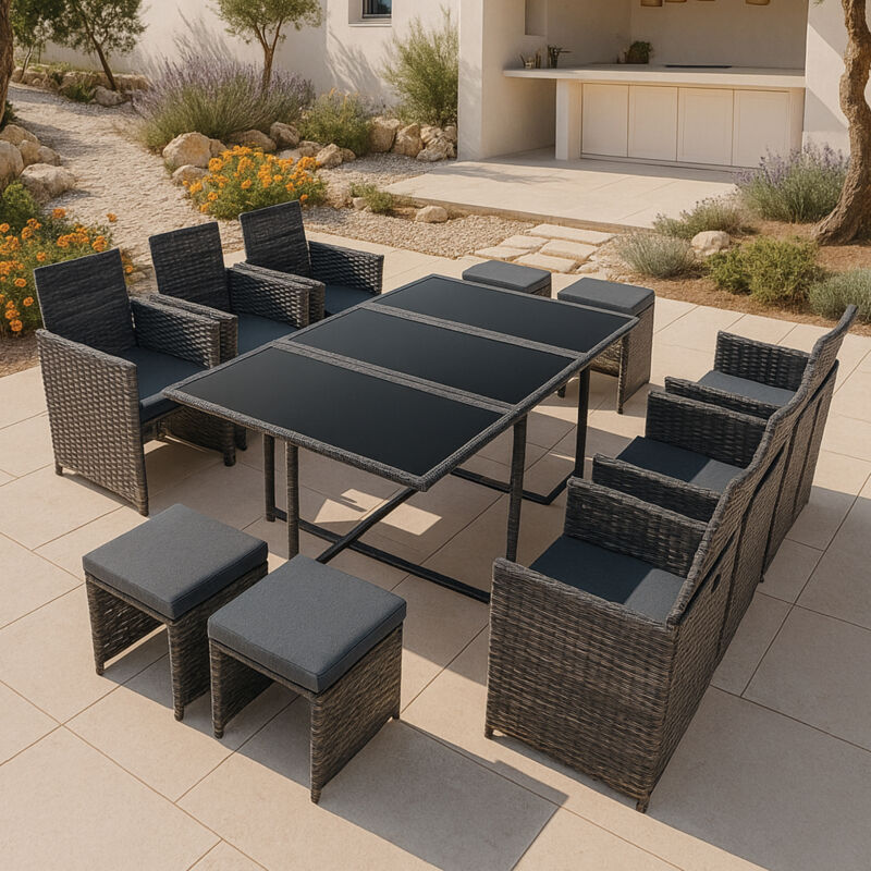 

Set de Muebles de Jardín Laredo - 11-Piezas - Conjunto de Muebles de Exterior con Cojines - Terraza - Patio - Set de 6 Sillones - 4 Pufs - Mesa