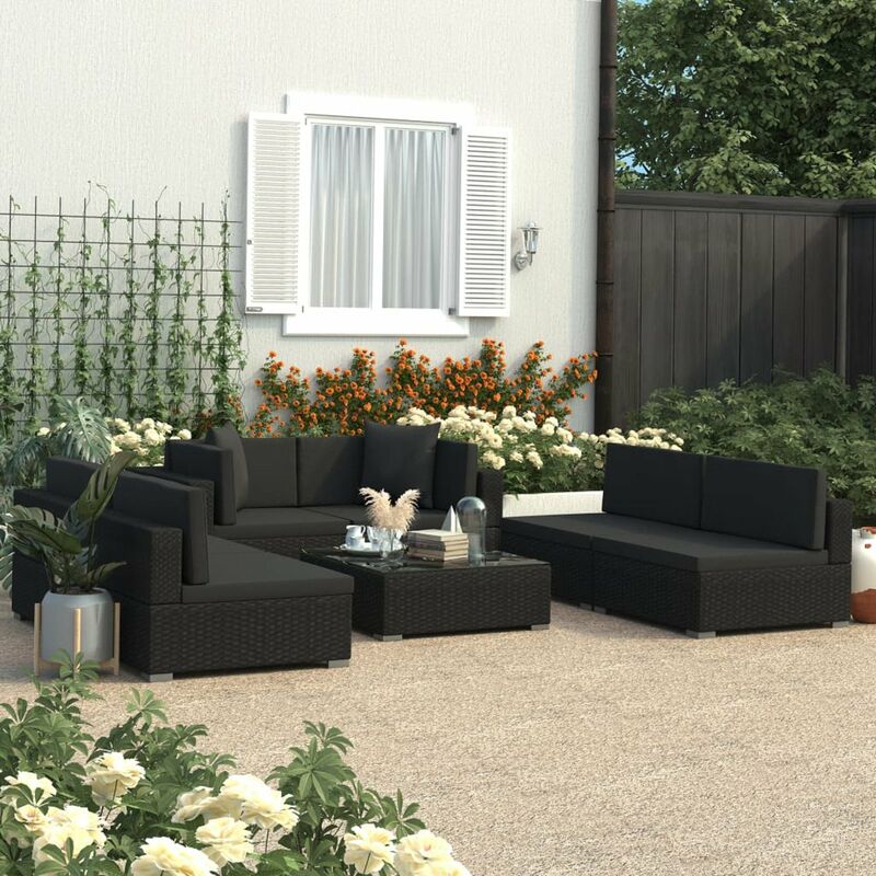 

Set de muebles de jardin y cojines 7 pzas ratan sintetico negro