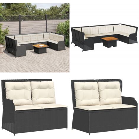 Set de muebles de jardín y cojines 7 pzas ratán sintético negro - Muebles de jardín - Banco de jardín