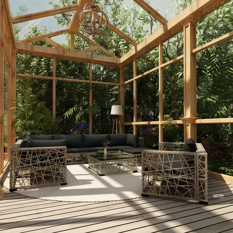 

Set de muebles de jardín 10 pzas y cojines ratán sintético gris - Gris