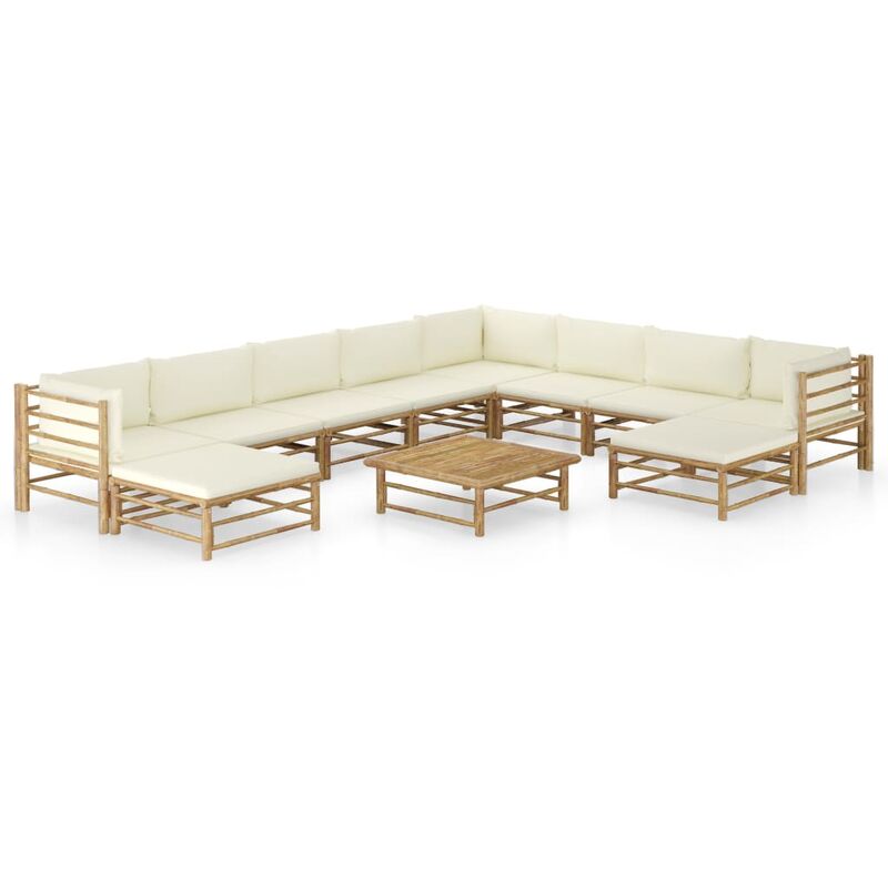 

Set de muebles de jardín 11 piezas bambú y cojines blanco crema - Marrón