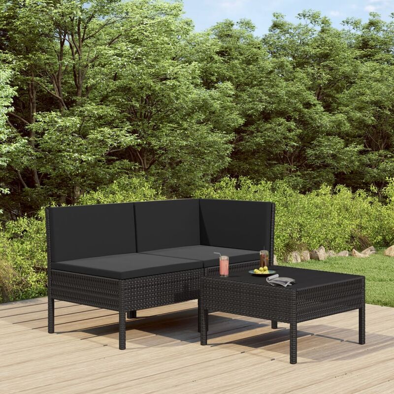 

Set de muebles de jardín 3 pzas y cojines ratán sintético negro - Negro