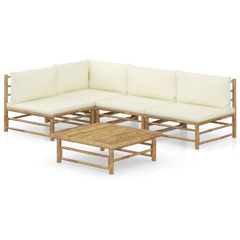

Set de muebles de jardín 5 piezas bambú y cojines blanco crema - Marrón