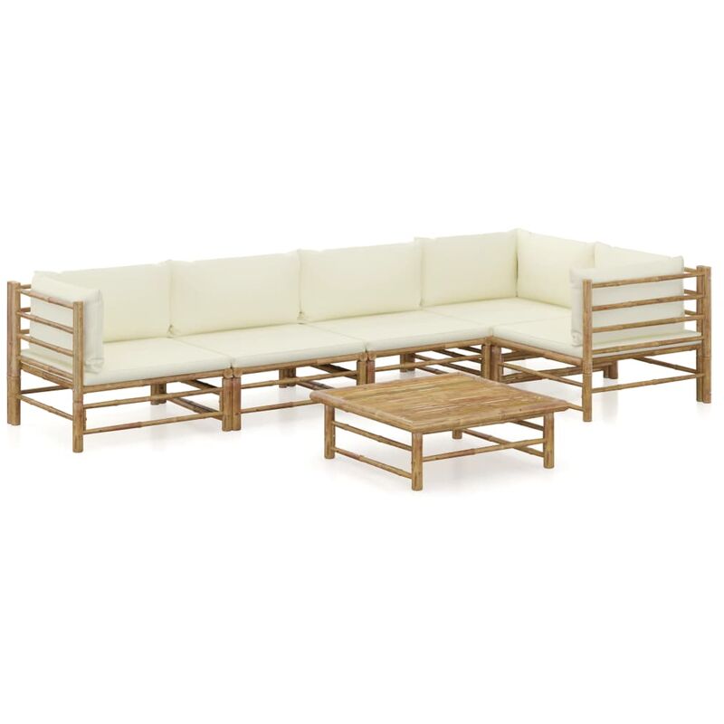 

Set de muebles de jardín 6 piezas bambú y cojines blanco crema - Marrón