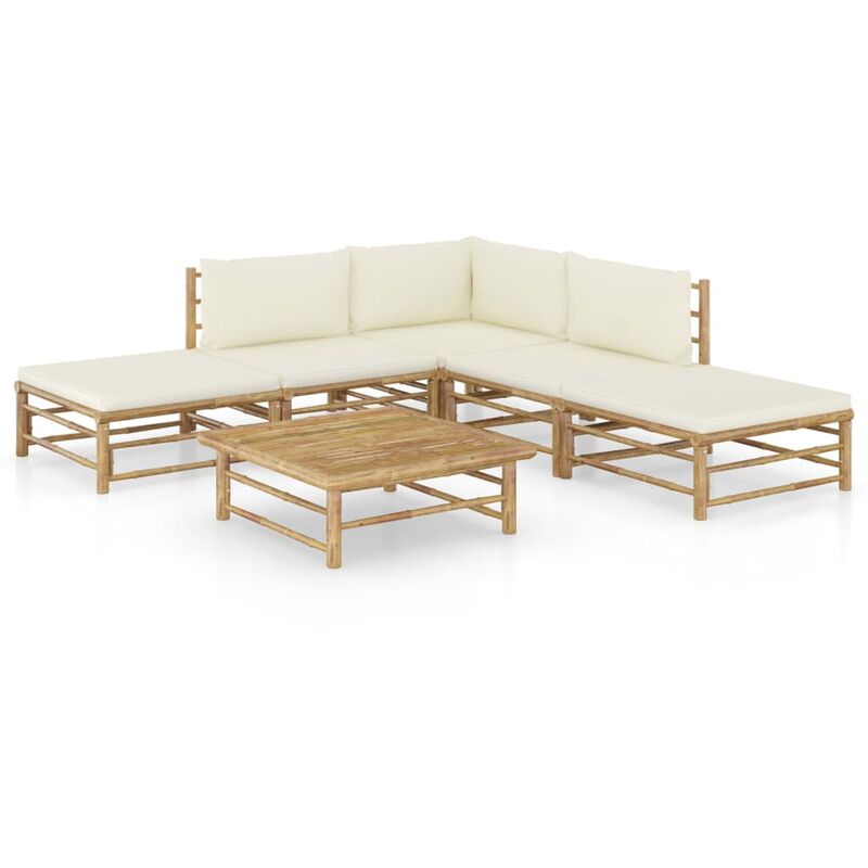 

Set de muebles de jardín 6 piezas bambú y cojines blanco crema - Marrón