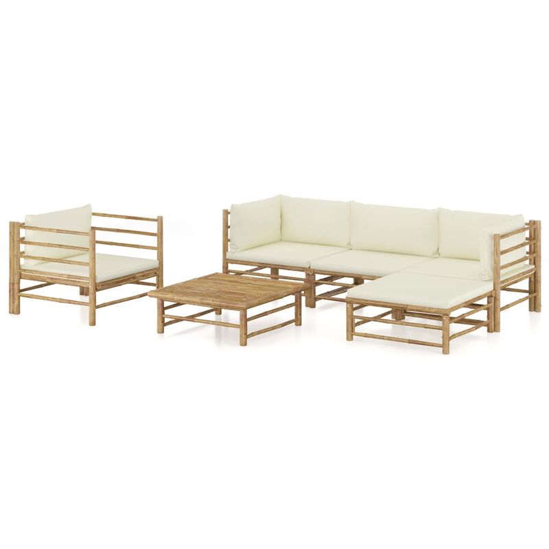 

Set de muebles de jardín 6 piezas bambú y cojines blanco crema - Marrón
