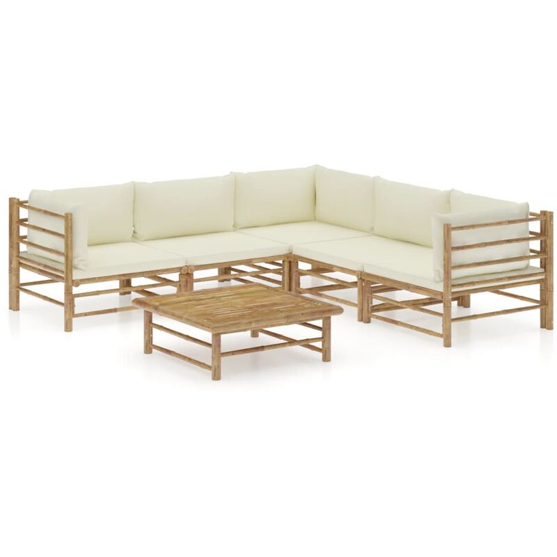

Set de muebles de jardín 6 piezas bambú y cojines blanco crema - Marrón