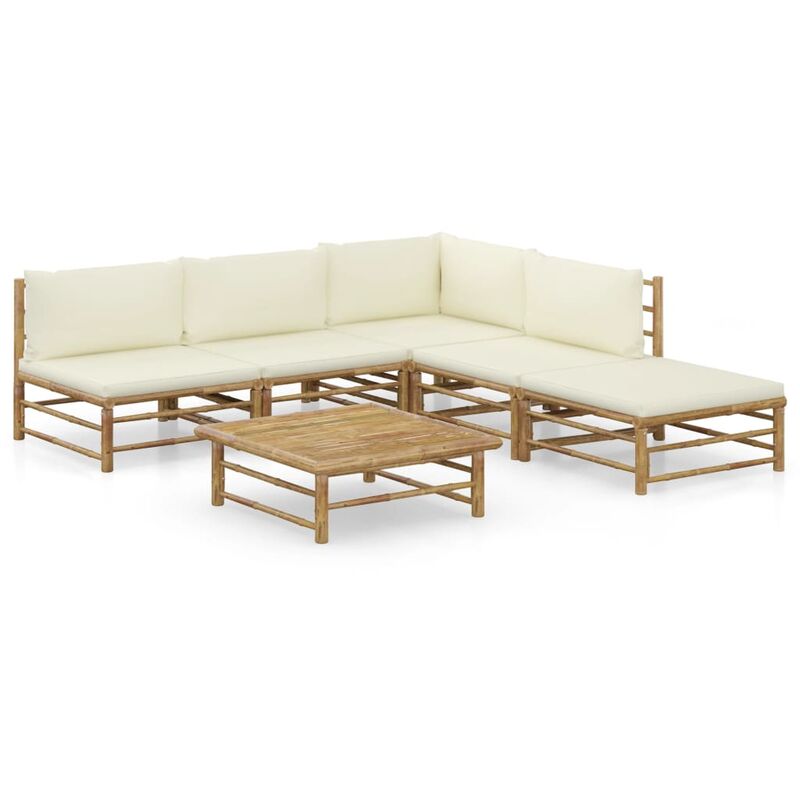 

Set de muebles de jardín 6 piezas bambú y cojines blanco crema - Marrón