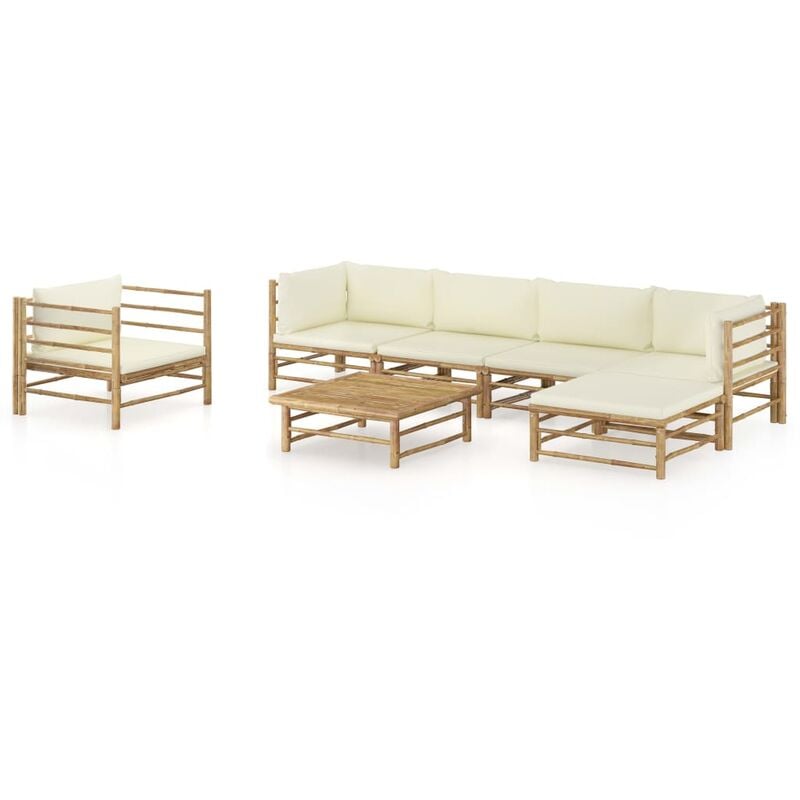 

Set de muebles de jardín 7 piezas bambú y cojines blanco crema - Marrón