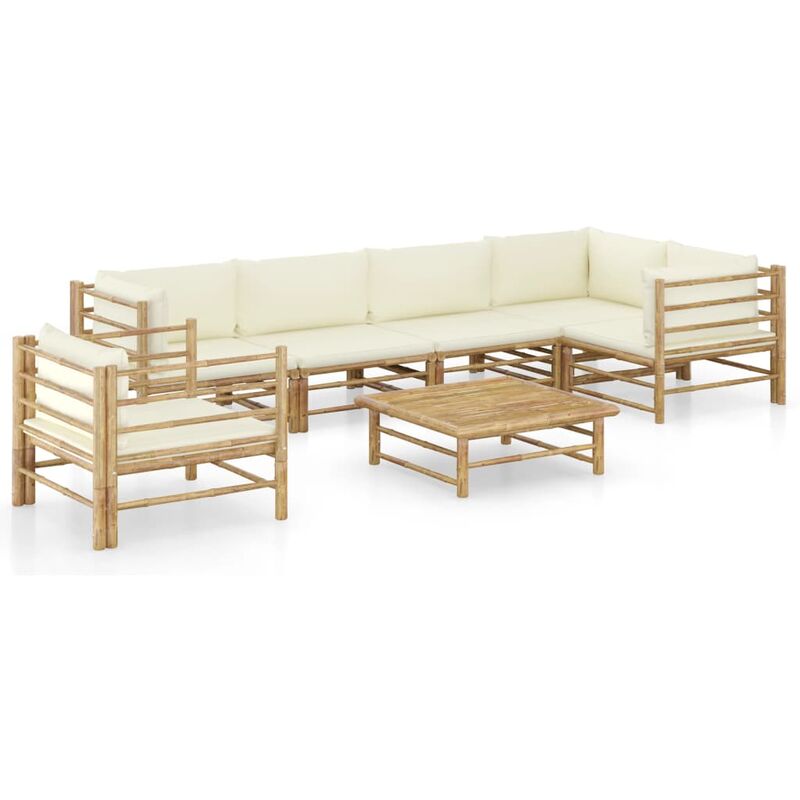 

Set de muebles de jardín 7 piezas bambú y cojines blanco crema - Marrón